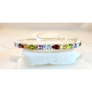 Sterling Silver Multi Gemstone Bangle Bracelet Safety Lock Excellent